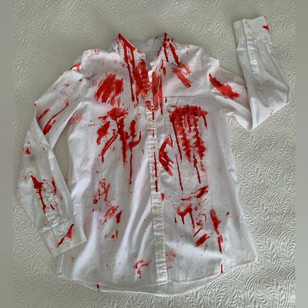 Homemade Zombie Halloween Costume Medium White Red Shirt Damaged Blue Jeans